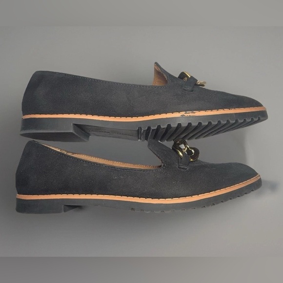 Adrienne Vittadini Shoes Flats Womens Size 7.5 M Black Slip On Suede Feel Gold - Picture 2 of 9